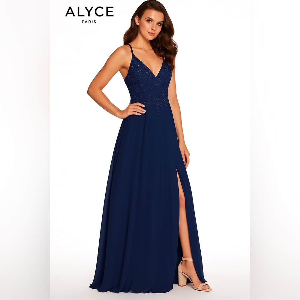 Alyce Paris Navy Blue Evening Gown, style 60062 Size 6